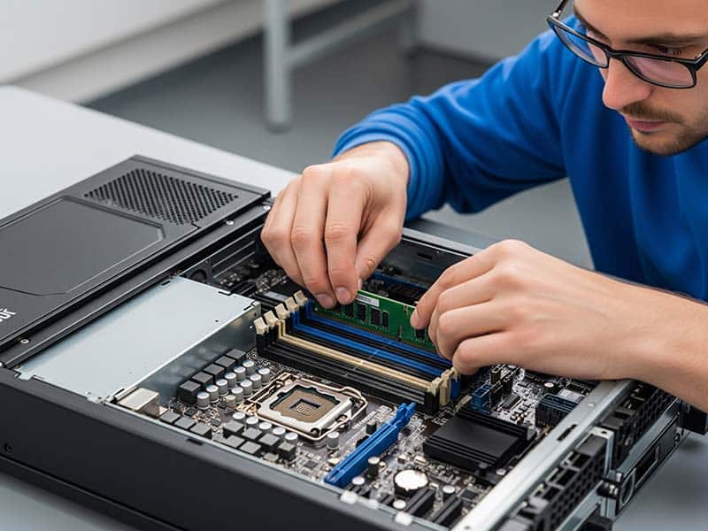 écnico especialista instalando un módulo de memoria RAM en la placa base de un servidor de 1U en un taller profesional en Madrid.